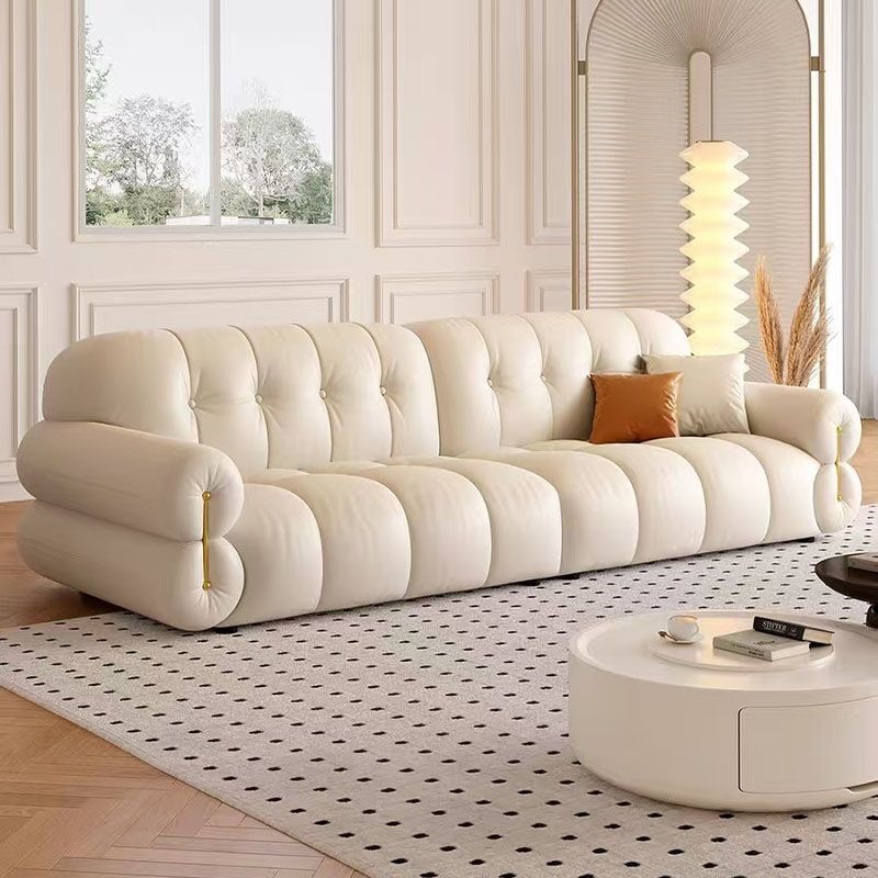Marshmallow Leather Sofa for Living Room, Cream Style, Simple Modern Piano Key Design, Three-Seater Straight-Row Cloud Sofa