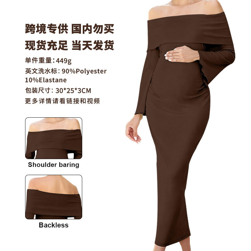 Cross-Border One-Shoulder Maternity Dress Long-Sleeved Light Luxury Maternity Wear Knitted Elastic Maternity Dress Long Dress