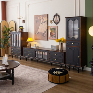 American French Style Solid Wood Wine Cabinet Living Room Double Door Glass Door Storage Cabinet Home Side Cabinet European Style Retro Cabinet Wall