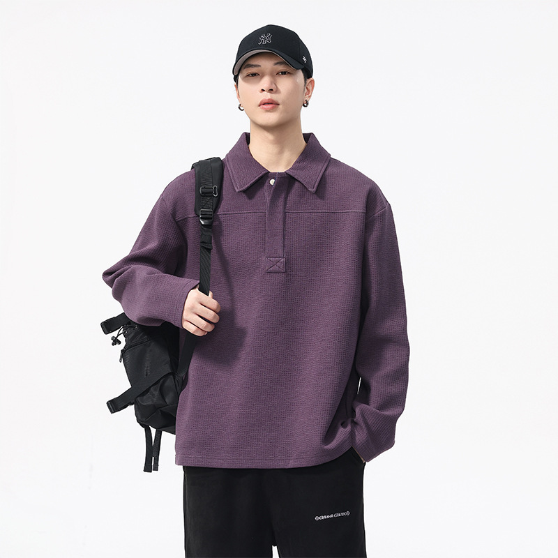 320g Air Layer Polo Collar Long-Sleeved T-Shirt for Men 2025 Autum New Style Loose Textured Jacquard Sweatshirt