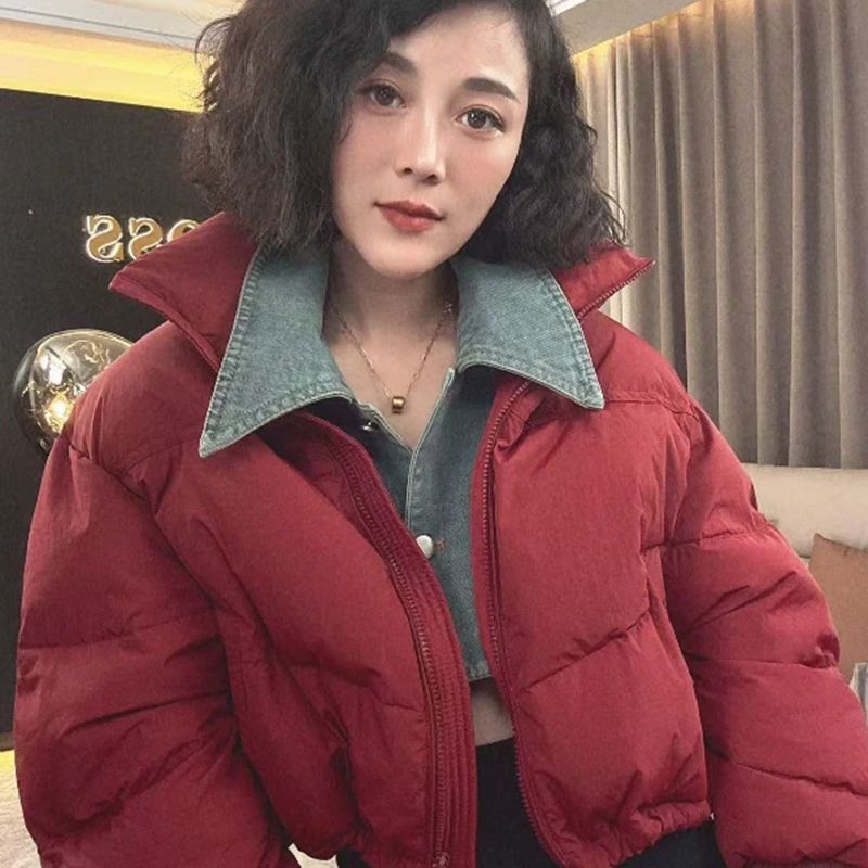 脱卸牛仔领羽绒棉服女2024冬季新款假两件棉衣韩版潮流宽松短外套