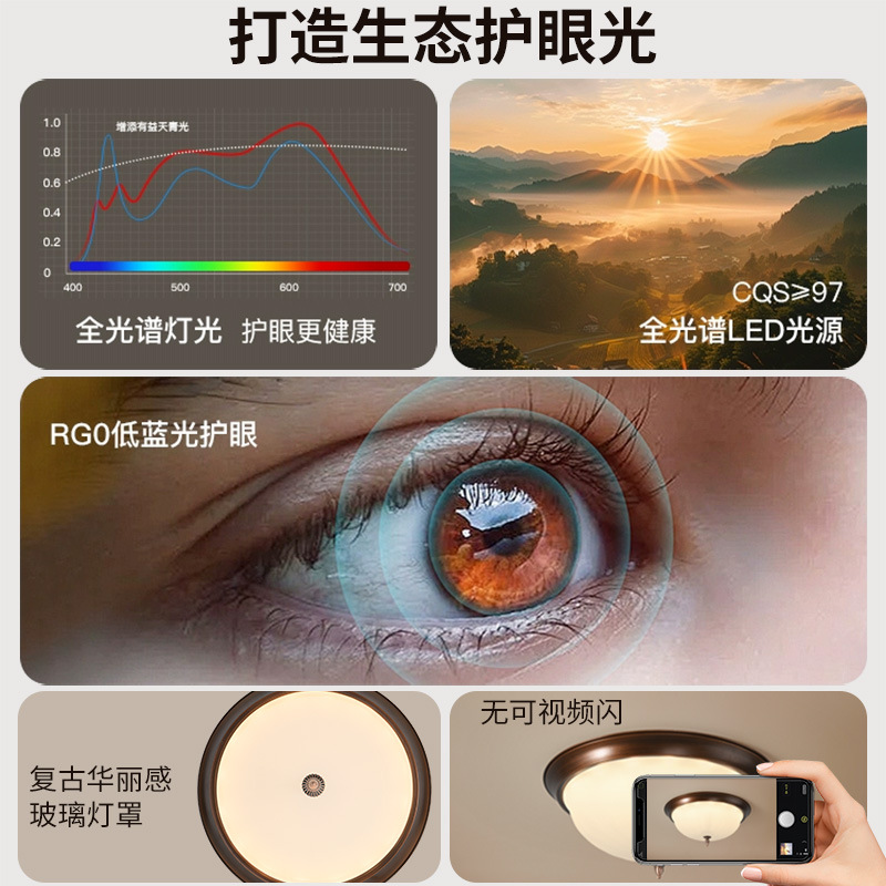 Gujia estilo americano retró protector de ojos lámpara de dormitorio lámpara de techo estilo medieval lujoso lujoso alto sentido de dormitorio principal lámpara de estudio 357L