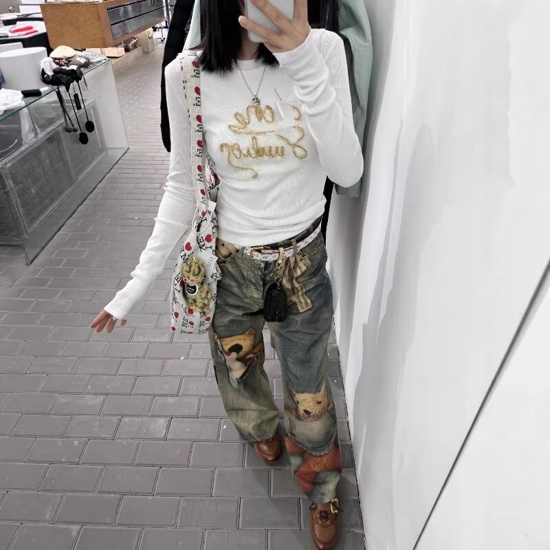 Correct Ac Style 1981 Bear Bowknot 3D Printed Vintage Ripple Whisker Loose Straight Casual Jeans Correct Ac Style 1981 Bear Bowknot 3D Printed Vintage Ripple Whisker Loose Straight Casual Jeans