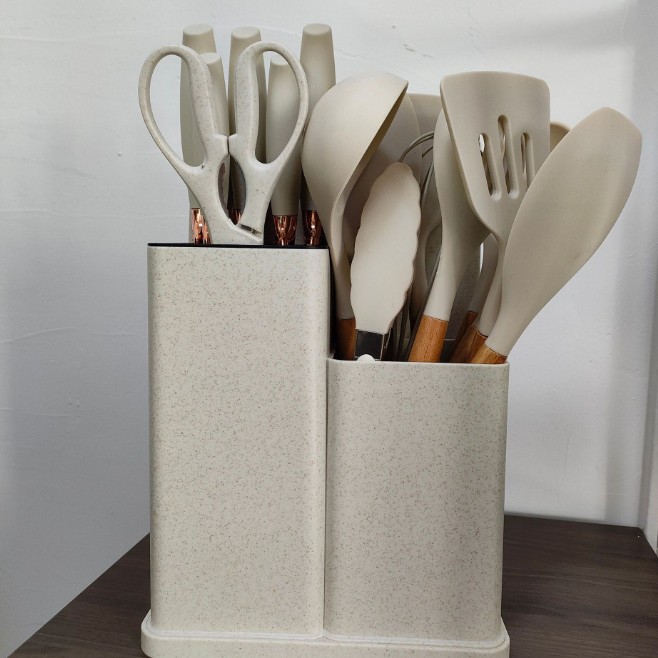 Utensilios de cocina de silicona transfronterizos, juego de 19 piezas, cubo de almacenamiento de herramientas de cocina, juego de cuchillos de cocina