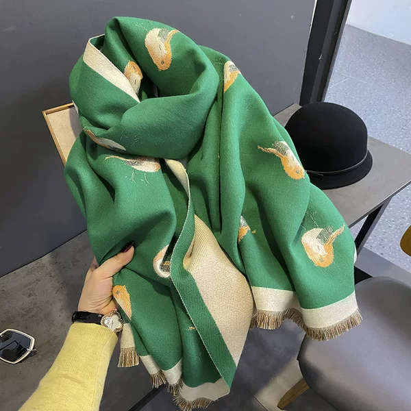 Women's Winter Scarf with Magpie Bird Design, Thickened and Warm Long Faux Cashmere Shawl, Three-Color Wasteland Style Ins