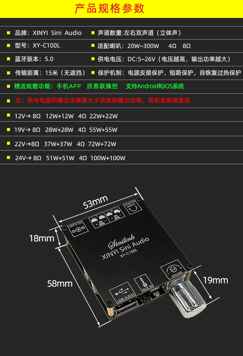 XINYISINIAUDIO100W стерео Bluetooth цифровой двуканальный двойной -канальный 360 -градусное настройка Wuye C100L