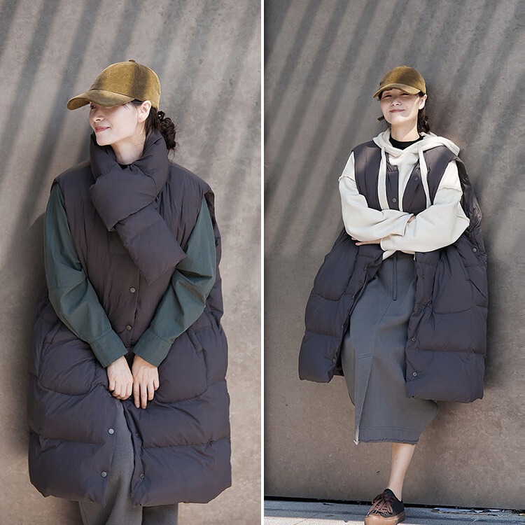 Literary Casual Retro Original Women's Winter Gray Large White Duck down Cardigan Sleeveless Lightweight Long down Vest