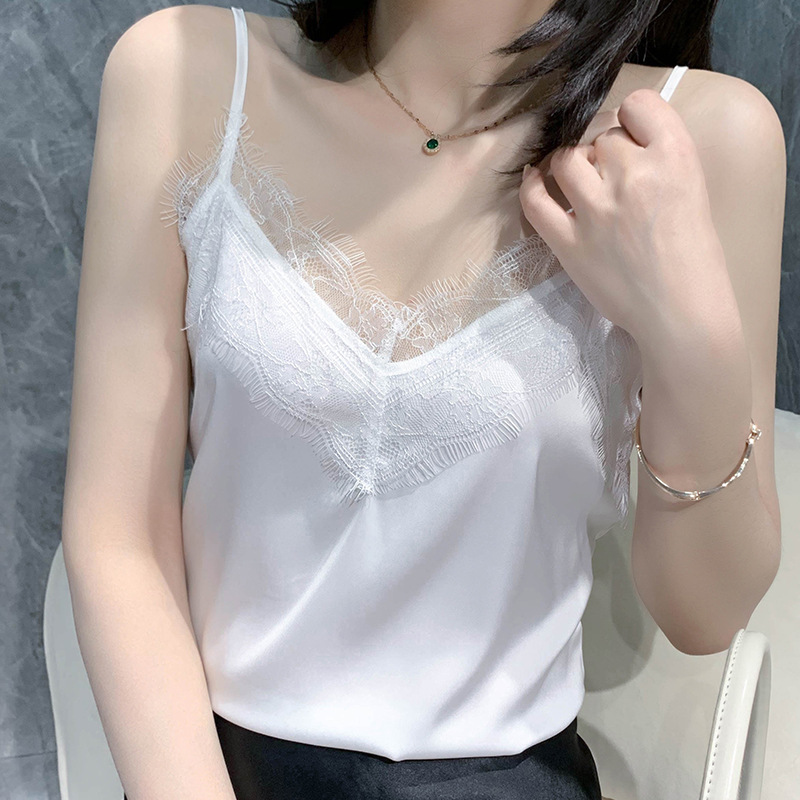Acetate Satin Camisole with V-Neck, Beautiful Back, Sexy Short Style, Simple Lace Patchwork Base Shirt for Women