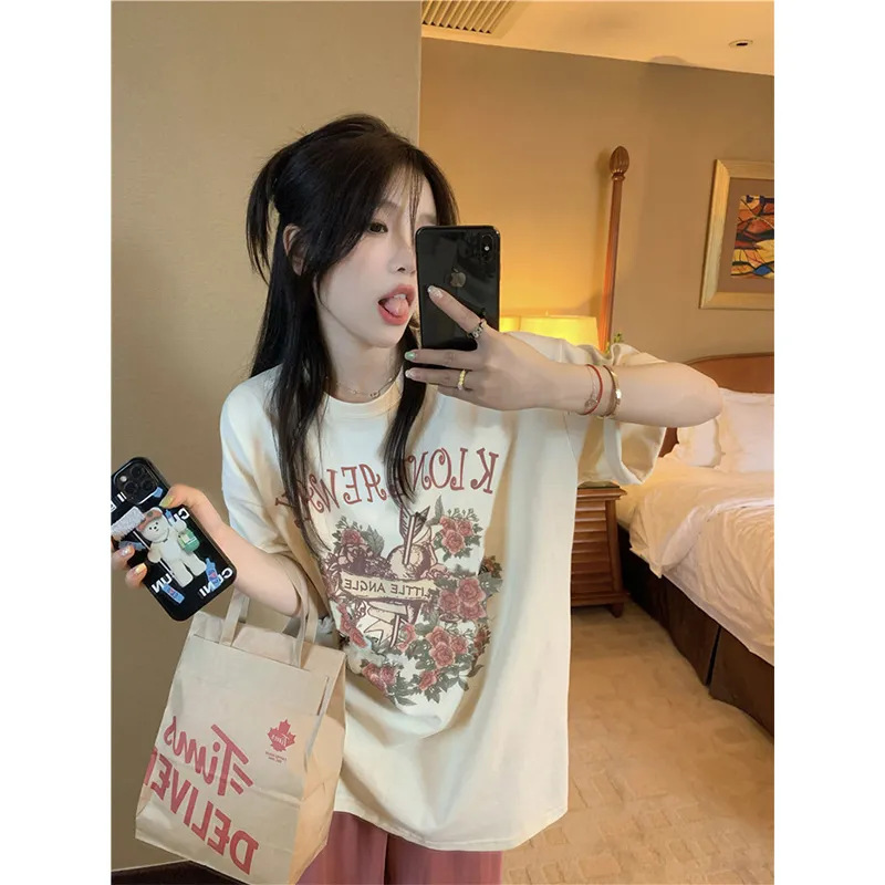 American Street Trendy T-shirt Women's Summer Loose Short-sleeved oversize Niche Design Rose Print Top