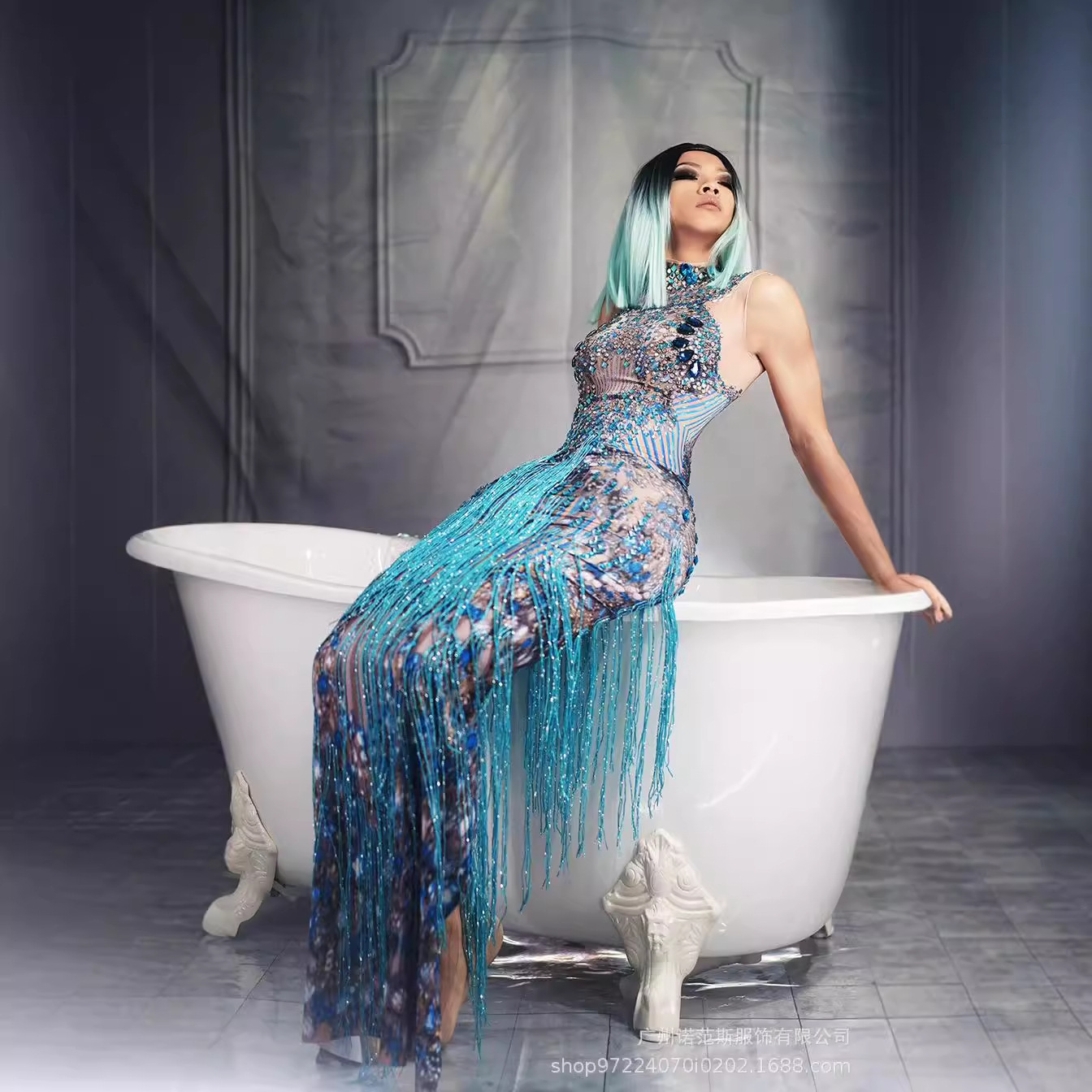 Xiyu Princess Blue Tassel Temperament dress Ball Performance Birthday Party Party Host Performance Dress