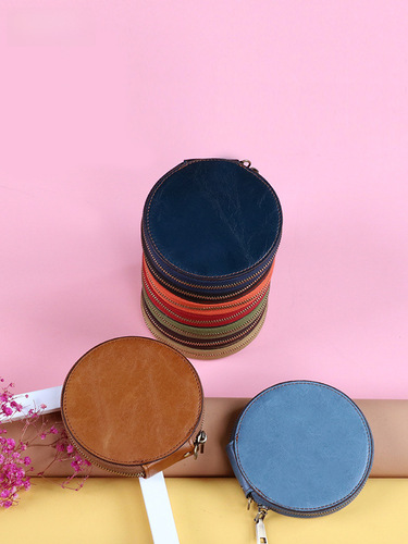 Vintage-style cute mini leather coin purse, round storage bag made from top-layer cowhide—casual clutch wallet available for factory wholesale