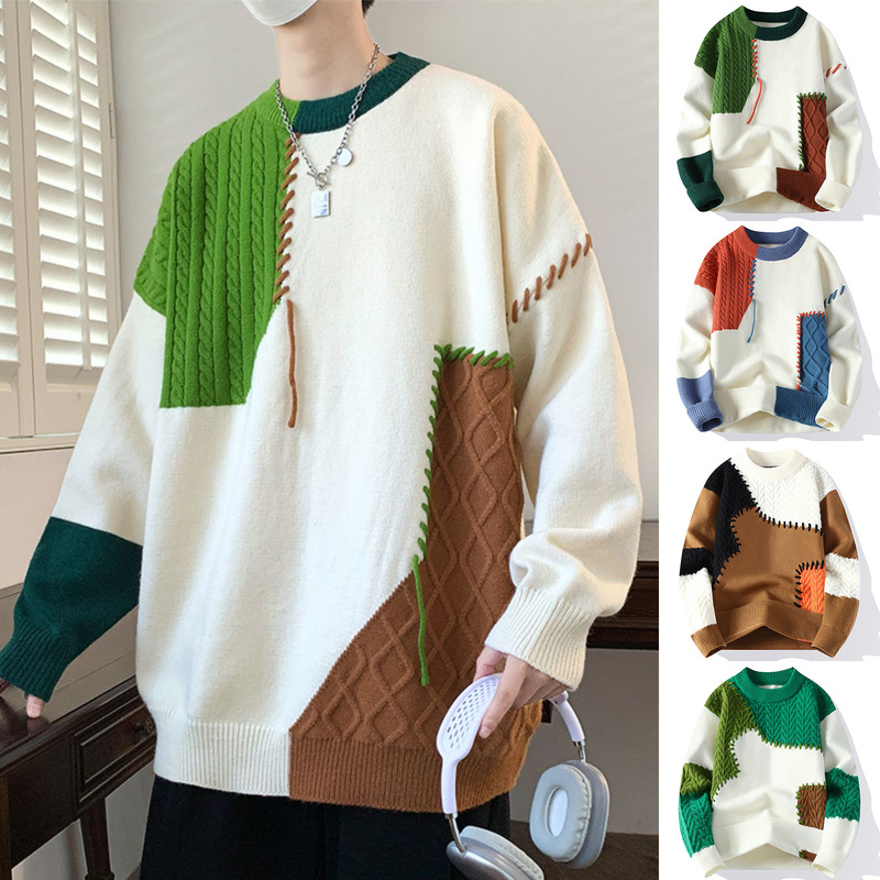 Patchwork Knit Sweater Men's Twist Color Block Trendy Loose Autumn Winter Warm Jacket Wholesale Cross-Border Trade Patchwork Knit Sweater Men's Twist Color Block Trendy Loose Autumn Winter Warm Jacket Wholesale Cross-Border Trade