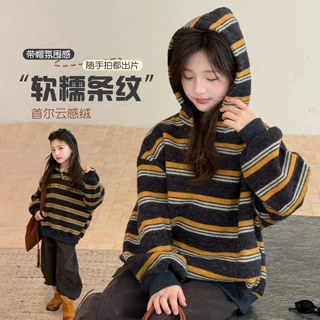 YOJIA女童连帽卫衣冬款2026新款洋气时髦童装套头衫加厚儿童冬装