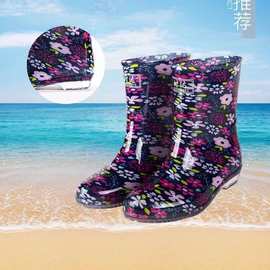 时尚潮流红桃花花印花图案女短筒雨鞋 四季可穿女低筒雨水批发