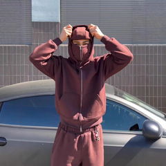现货跨境个性欧美新款秋冬季潮牌男女款双帽设计宽松连帽卫衣卫裤