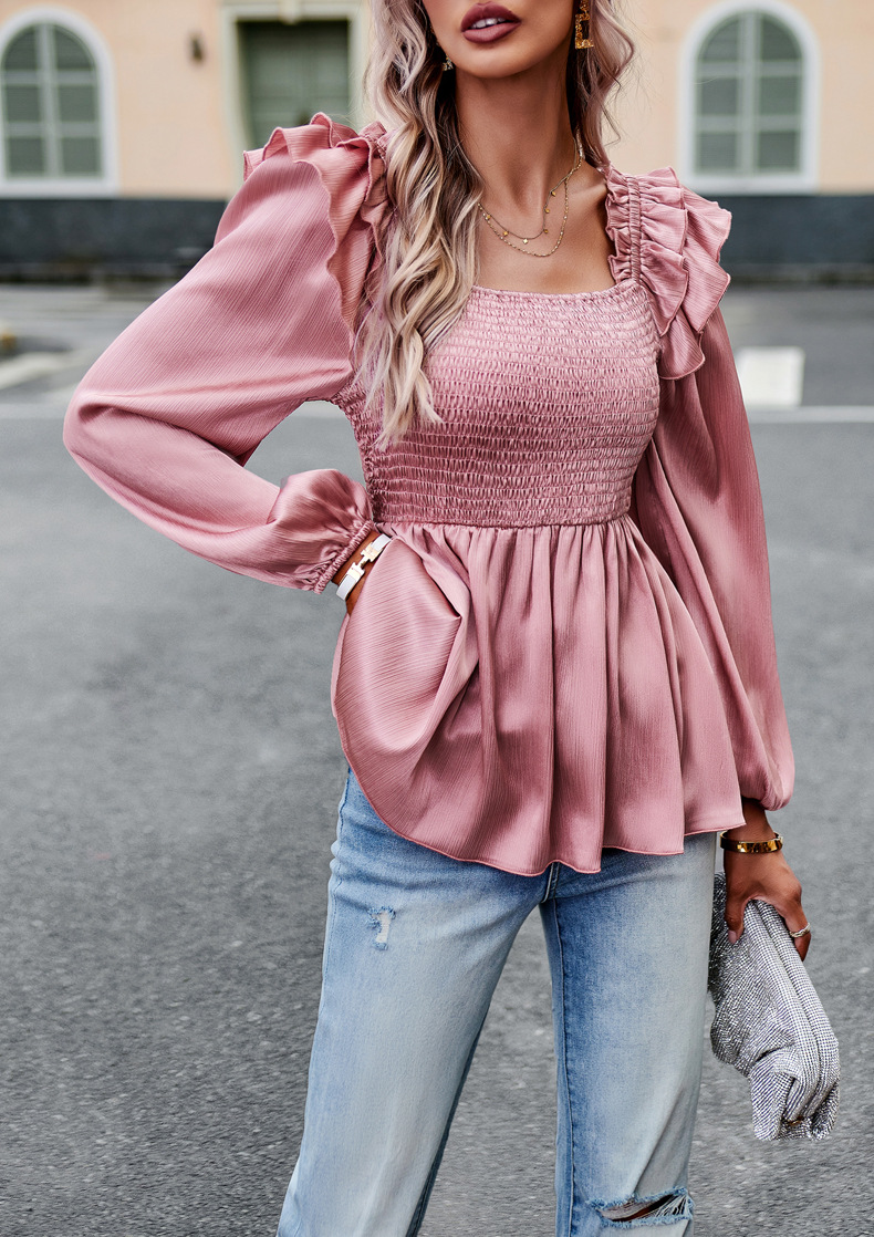 Long Top Length Blouse Tops Type Women's Blouse Long Sleeve Blouses Lettuce Trim Casual Solid Color