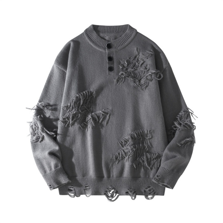 Men's Distressed Knit Sweater - Oversized Lazy Style Pullover With Drop Shoulder, Round Neck, Long Sleeve, Winter Casual Top (White, Black, Gray)_voghion.com