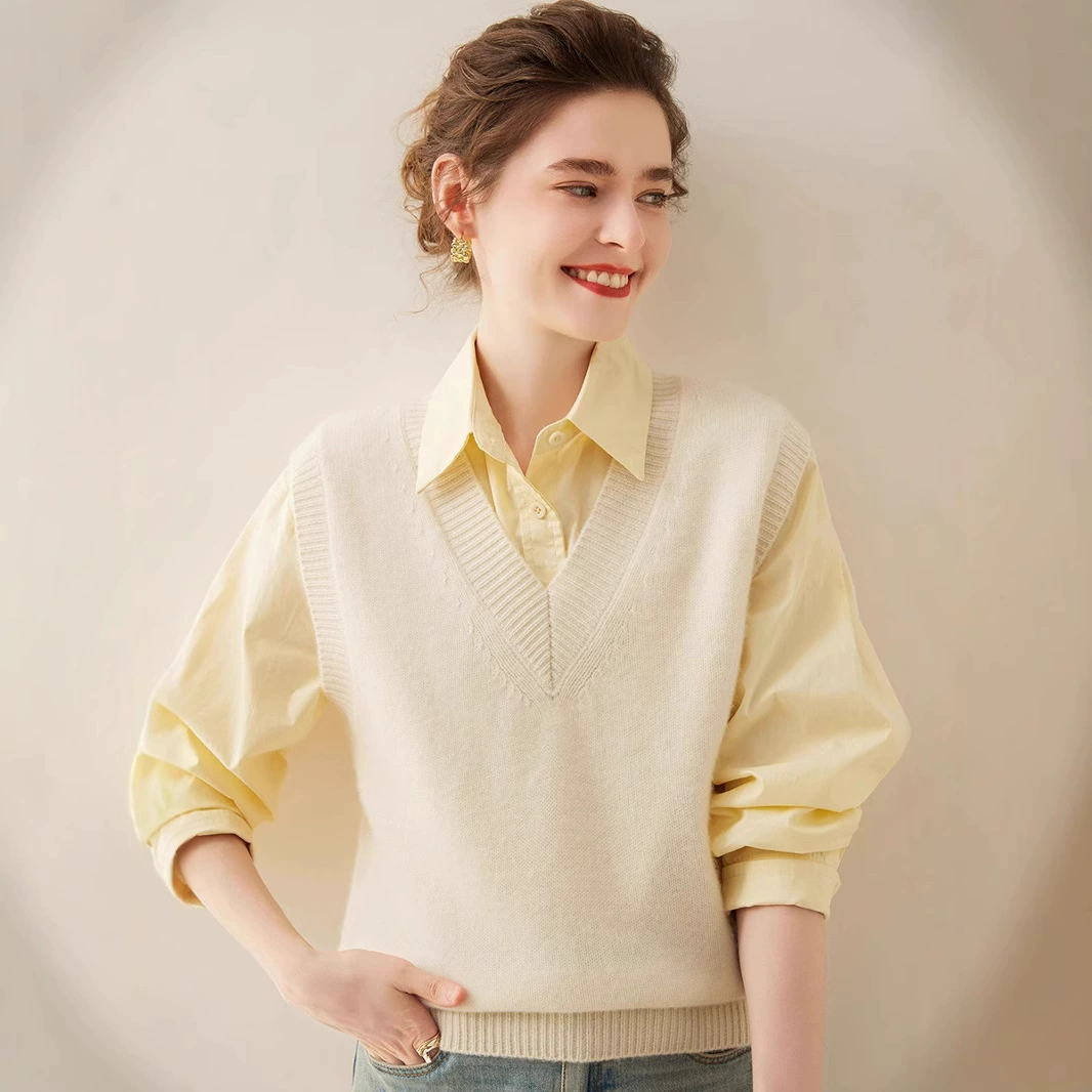 Кашемировый жилет трикотажный жилет женский 2023 осень-зима новый свободный внешний вид носить V-образный вырез сплошной цвет свитер