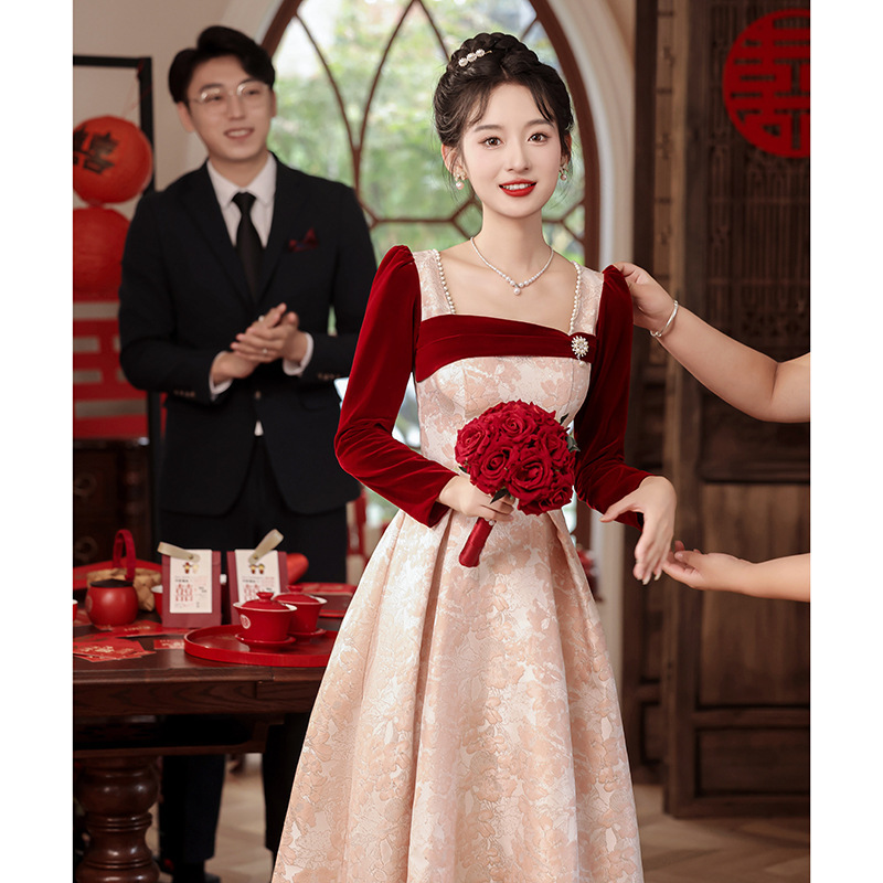 Long-Sleeved Toast Dress for the Bride 2026 New Engagement Wedding Evening Dress Women's Homecoming Casual Dress