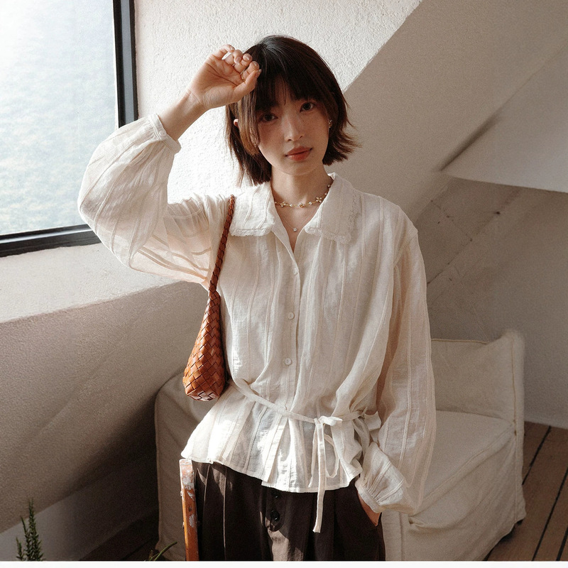 White Drawing Workshop "Angelia" 26Ss Early Spring New Striped Jacquard Adjustable Waist French-Style Shirt for Women