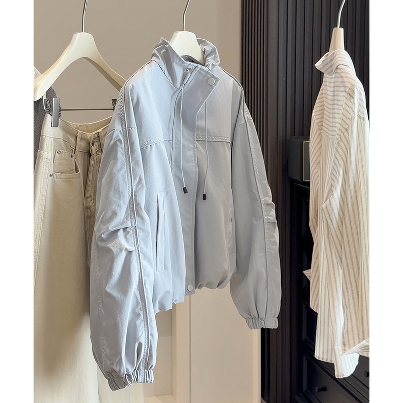 Korean Style Stand Collar Short Trench Coat for Women, Spring 2026 New Model, Petite Loose Fit Versatile Slimming Drawstring Jacket Korean Style Stand Collar Short Trench Coat for Women, Spring 2026 New Model, Petite Loose Fit Versatile Slimming Drawstring Jacket