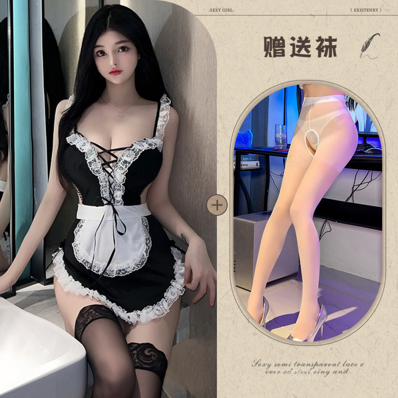 Sexy Lingerie Role Play Maid Uniform With Lace-up Bra Set_voghion.com