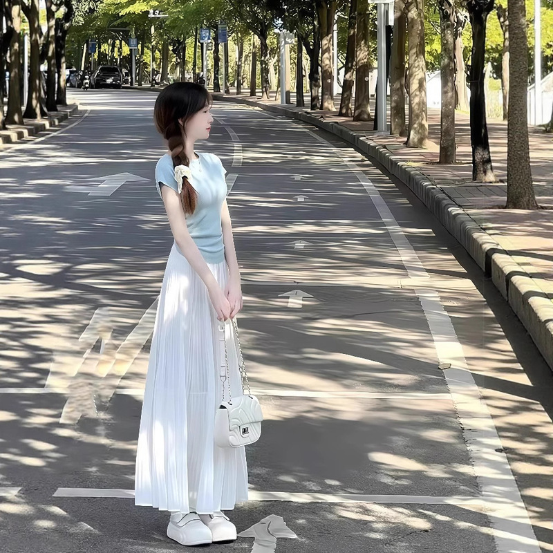 夏服、エレガントで年齢を軽減する美しい半袖トップスとスカート、エレガントで控えめなツーピーススーツのセット|undefined