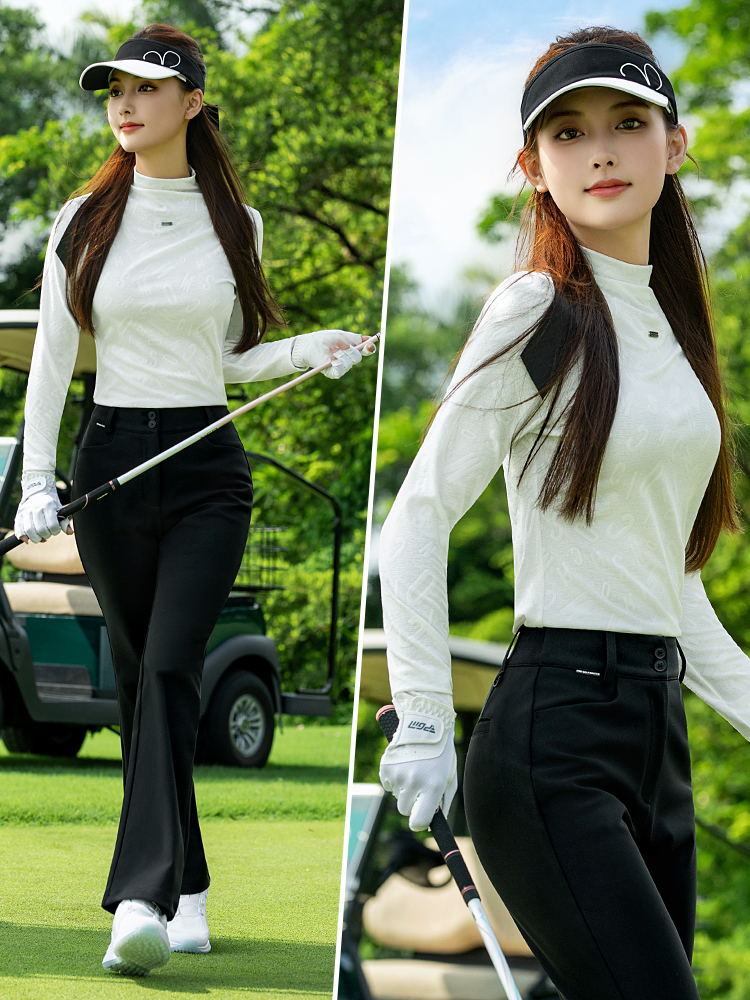 Áo sơ mi nữ PGM Golf cổ cao tay dài thu đông — Tay áo dài màu trắng [thoáng khí và thấm mồ hôi/giảm béo vòng eo/kết cấu chữ tối màu] YF835