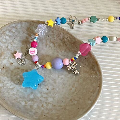  New Colorful Beaded Star Necklace Female Niche Design Internet Celebrity Clavicle Chain Dopamine Sweet Cool Hot Girl