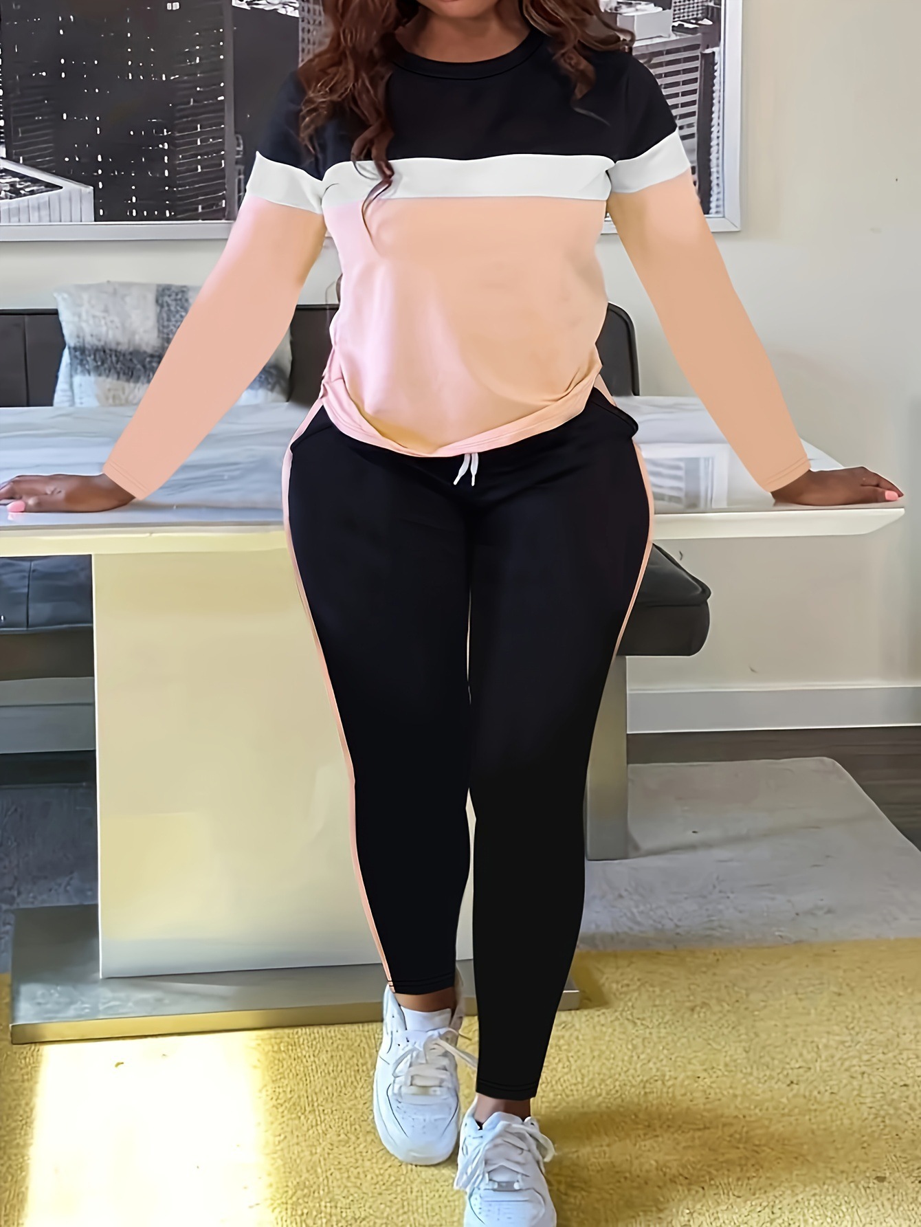 Damen Colour-block Lounge Set Mit Langarm T-shirt Und Jogger_voghion.com