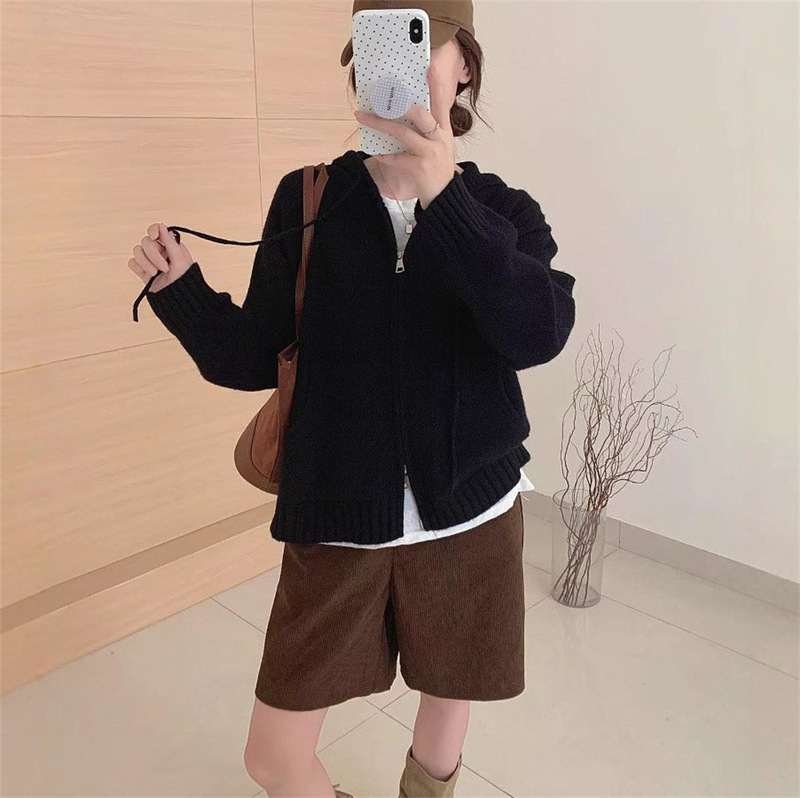 纯色连帽拉链毛衣外套女穿搭秋冬新款慵懒风感针织开衫上衣女|undefined