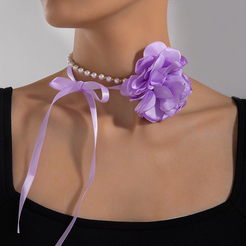 Collar de perlas de moda transfronteriza europea y americana collar de encaje blanco mariposa collar geométrico tela flor clavícula cadena