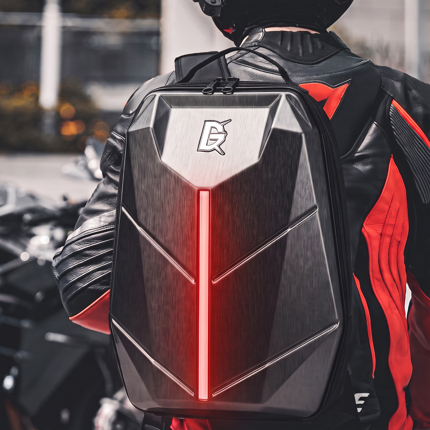 LED light motorcycle riding backpack, dual-shoulder biker bag, men's motorcycle travel hard shell helmet bag, laptop bag, full-face helmet bag