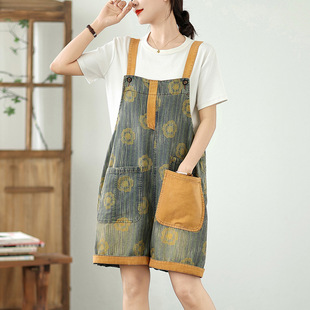 2025 Summer New Loose Plus-Size Retro Print Color-Blocking Large Pocket Slimming Denim Overalls for Women