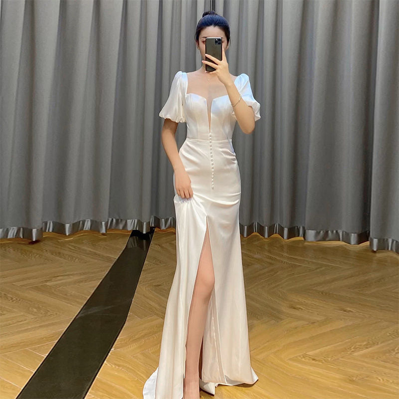 缎面轻婚纱2022新款鱼尾新娘白色迎宾出门纱法式简约轻纱敬酒礼服|ms