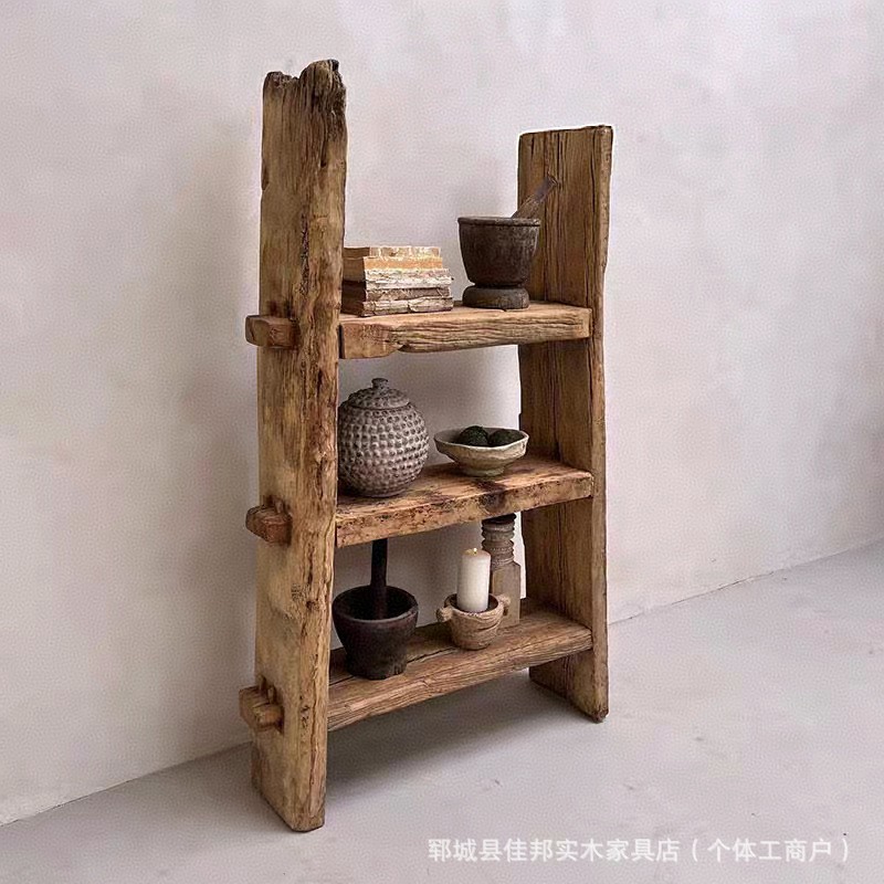 侘寂风实木博古架中古茶室民宿展示架多层风化老榆木置物架茶柜