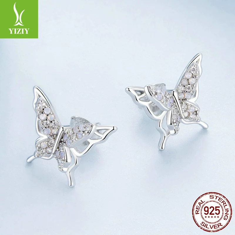 Серьги-гвоздики бабочки (YIZIY) BSE910, 925 серебро с инкрустацией наноопала и циркония