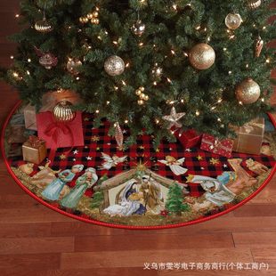 Red Plaid Christmas Tree Skirt, Golden Christmas Tree Decoration, Exquisite Printed Tree Skirt, Christmas Tree Bottom Decoration