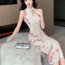 气质优雅温婉复古新中式立领印花改良旗袍性感收腰包臀开叉连衣裙