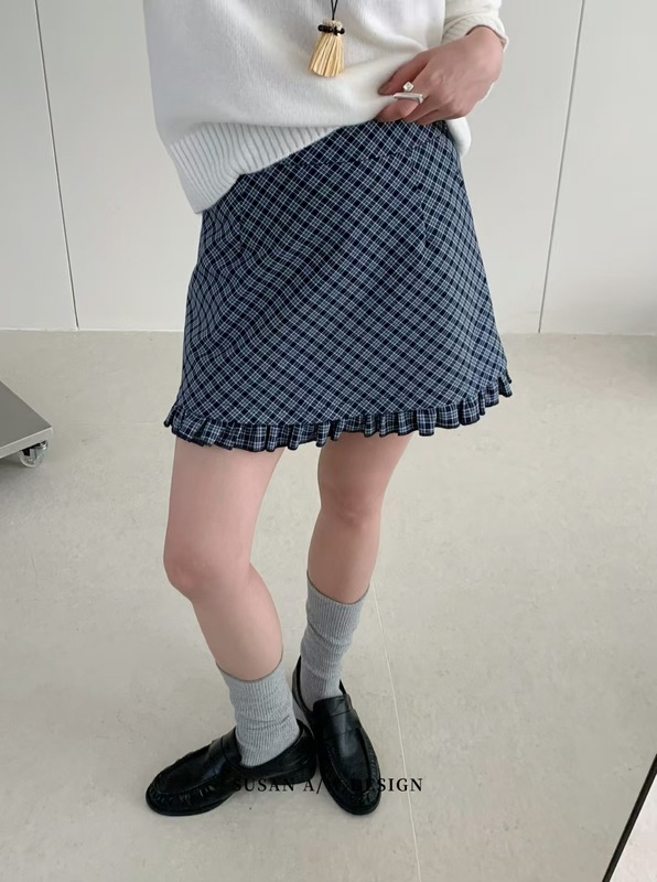 8.16 韩版复古木耳边格纹高腰半身裙女2025早秋季新款短裙26721|undefined