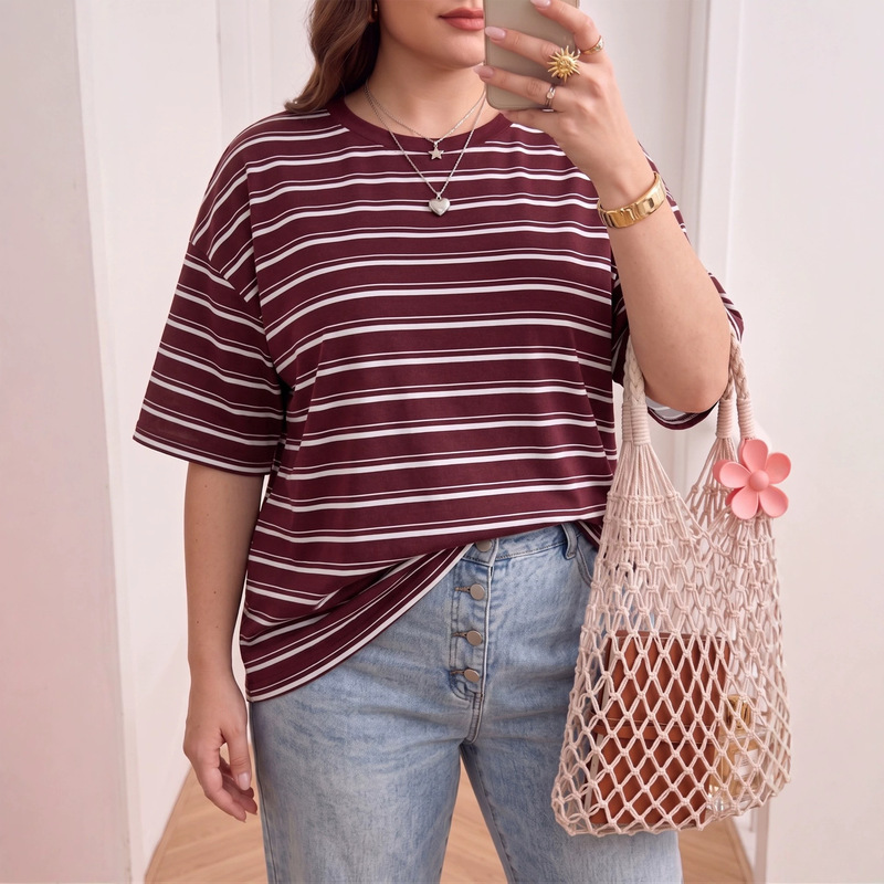 Cross-border black and white striped short-sleeve T-shirt for women, loose fit, dropped shoulders, round neck, Korean style, casual, pure cotton, versatile summer top