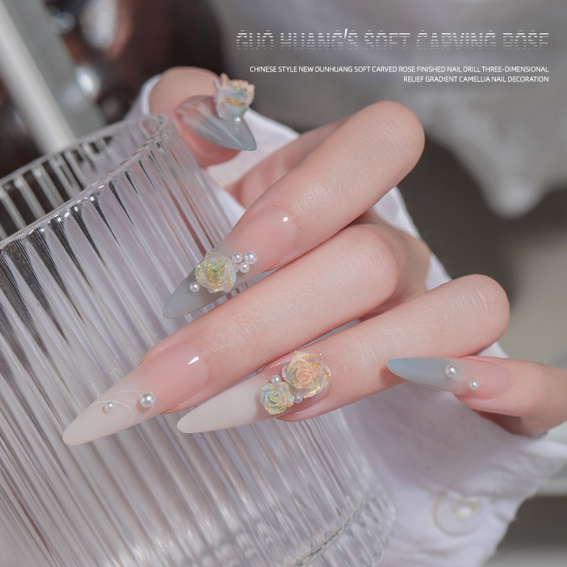 Tide nuevo estilo nacional Dunhuang rosa suave tallada productos acabados de uñas rosas rosas graduadas camellia decoración de uñas