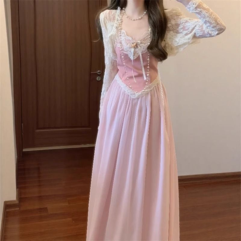 法式温柔风粉色蕾丝拼接吊带连衣裙女夏季新款收腰显瘦绝美长裙子|undefined
