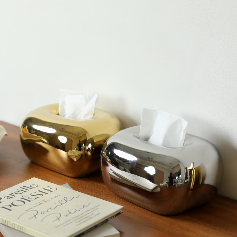 Caja de pañuelos de cerámica dorada minimalista moderna, decoración artística creativa, caja de dibujo de plata para el hogar, decoración de sala de estar