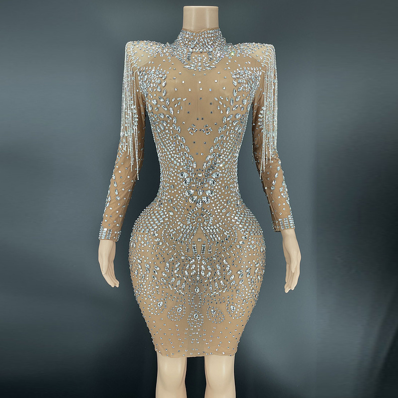 Cantante femenina MC modelo Dj adelgazar malla rhinestone borla falda de la cadera vestido ropa del funcionamiento etapa para las mujeres