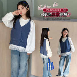 女童2026春季甜美中大童花边打底针织镂空吊带马甲牛仔裤三件套潮