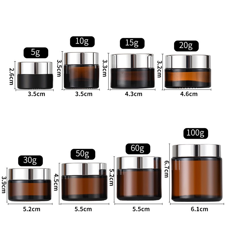 Tarro de crema de vidrio marrón de 50 g, tarro de crema facial y para ojos de 30 g, tarro de embalaje cosmético a prueba de luz de 100 g, botella a prueba de luz