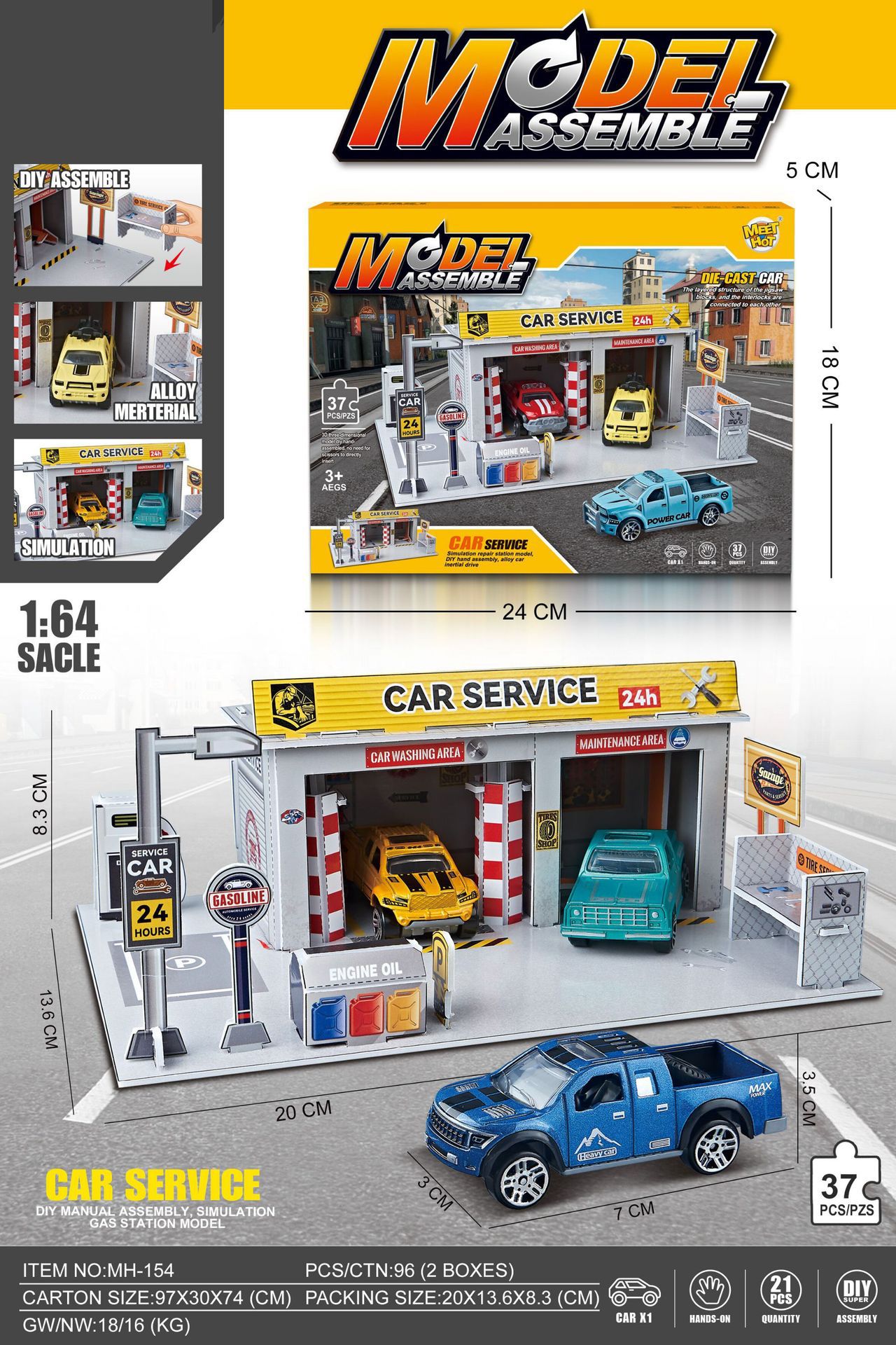 Car repair shop three-dimensional puzzle scene with 1 alloy car