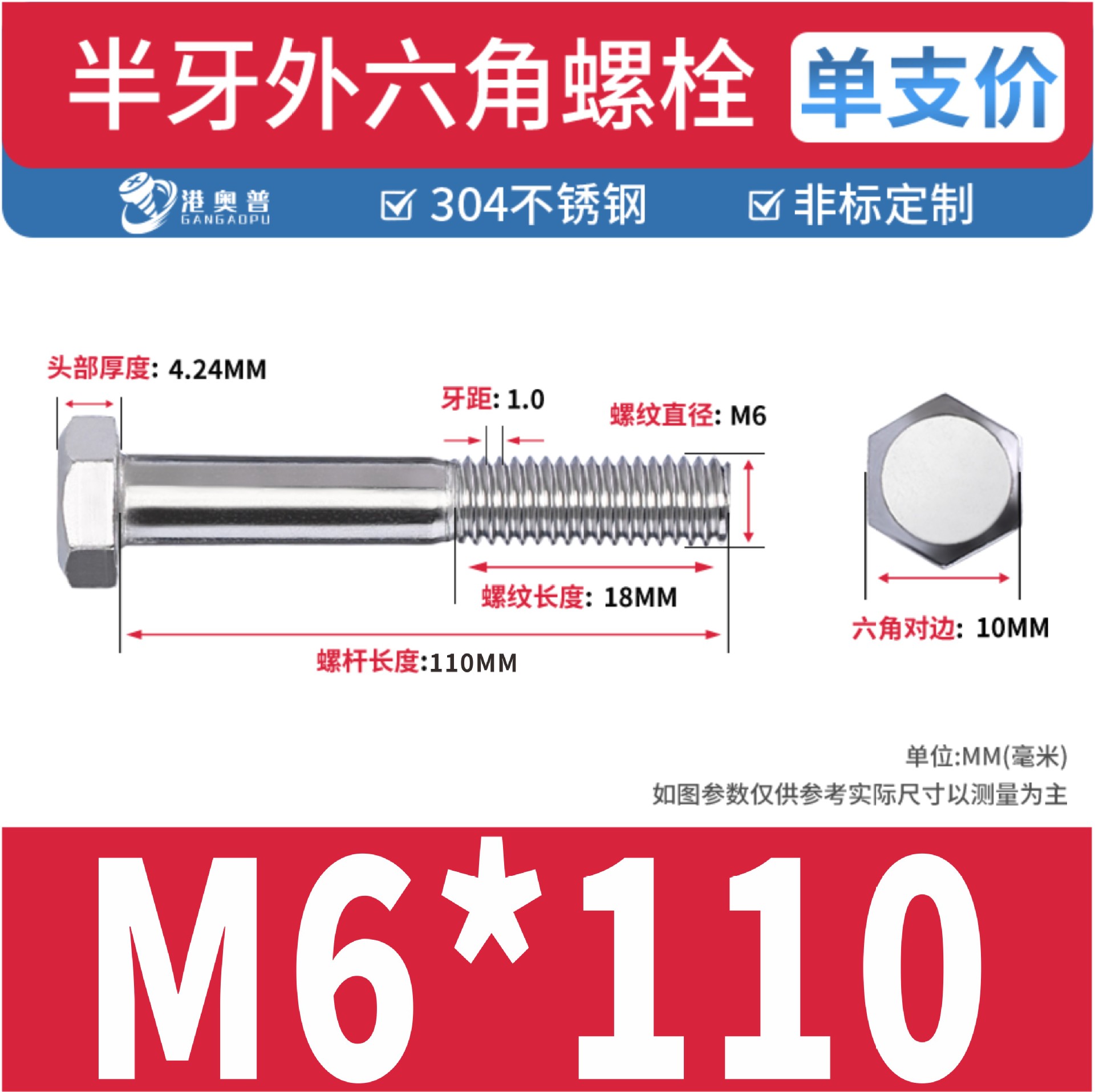 Tornillos hexagonales de media rosca, acero inoxidable 304