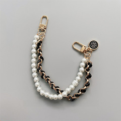 珍珠穿皮拼接雙層鏈條手提鏈手拎手機殼防摔包包裝飾手機鏈掛繩潮